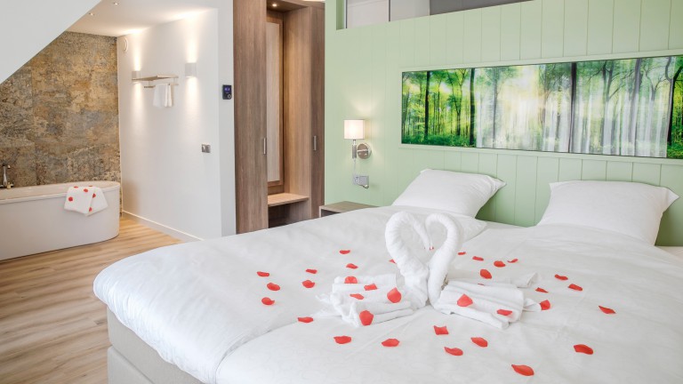 Kamer met bubbelbad en bed met rozen blaadjes in Oldenzaal Overijssel