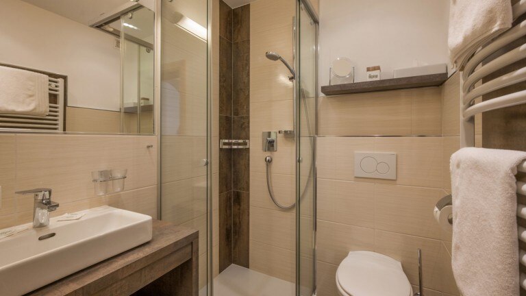 Badkamer met toilet, wasbak en douchecabine