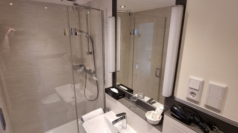 Badezimmer mit begehbarer Dusche, Waschbecken und Toilette