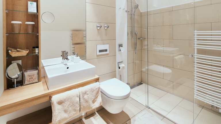 Badkamer met inloopdouche, wastafel en toilet