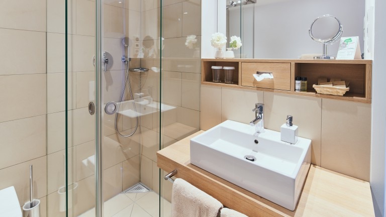 Badkamer met inloopdouche, wastafel en toilet