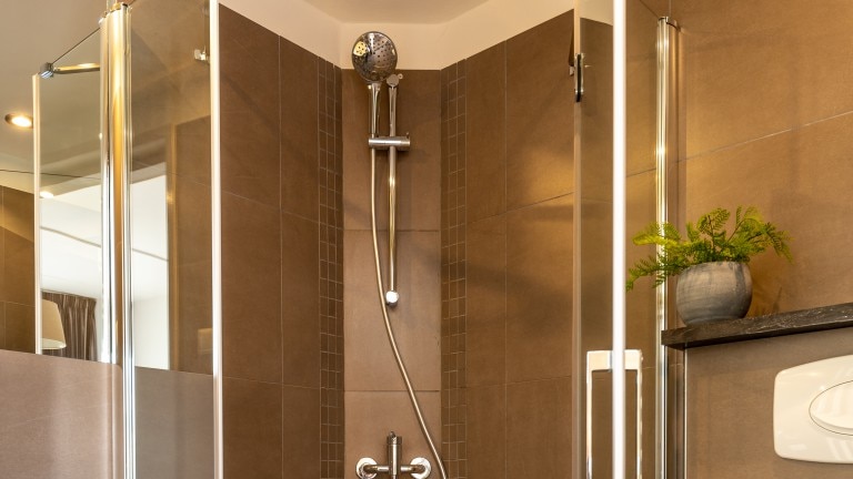 Badezimmer mit Duschkabine und Spiegel.