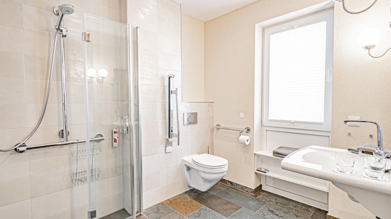 Badezimmer mit Dusche, Toilette und Waschbecken.