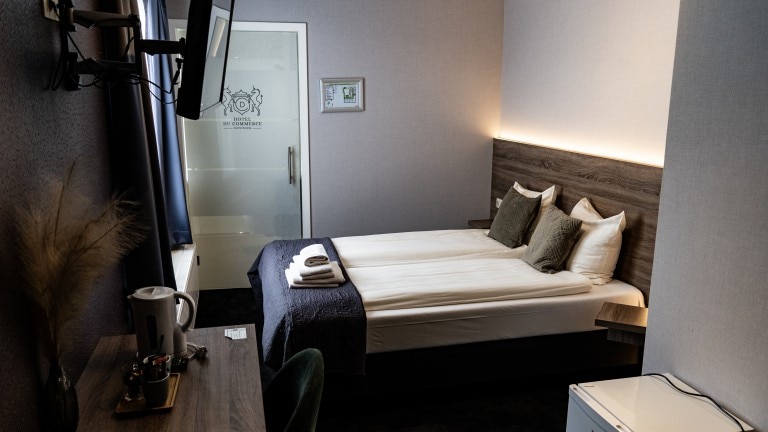 Hotelkamer met gescheiden bedden, een televisie en waterkoker.