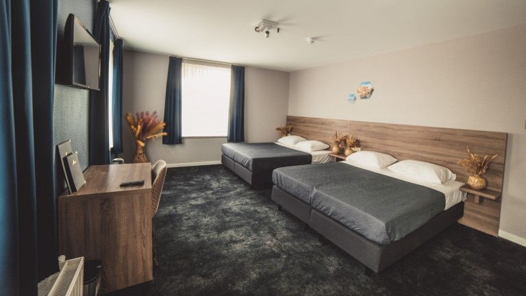 Hotelkamer met twee bedden, een bureau en een televisie.