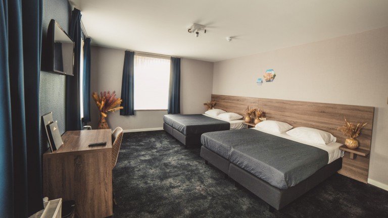 Hotelkamer met vier eenpersoonsbedden, een televisie en een bureau.